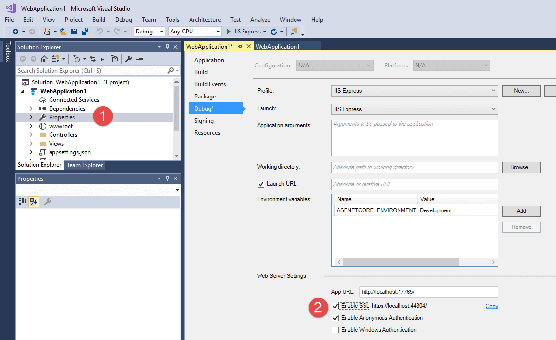 Enable SSL for an ASP.NET Core project