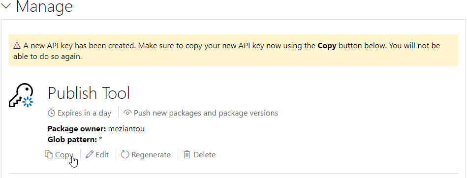 Copy the generated NuGet API key