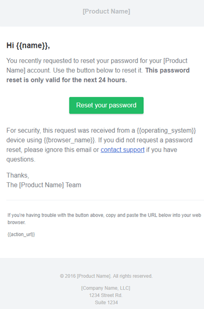Example of a Password Lost email template