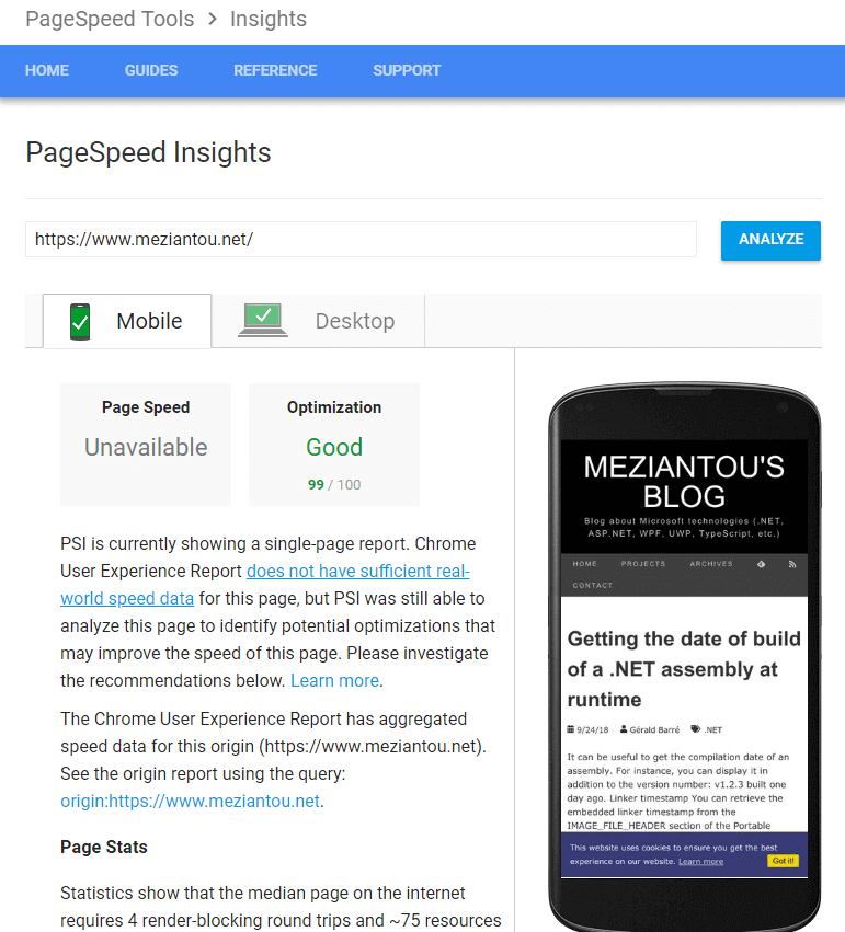 Google PageSpeed report