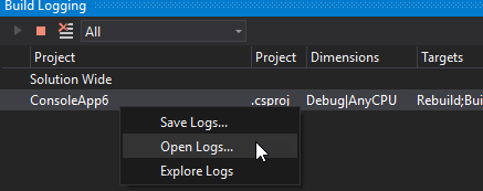 Open binlogs created while building projects in Visual Studio
