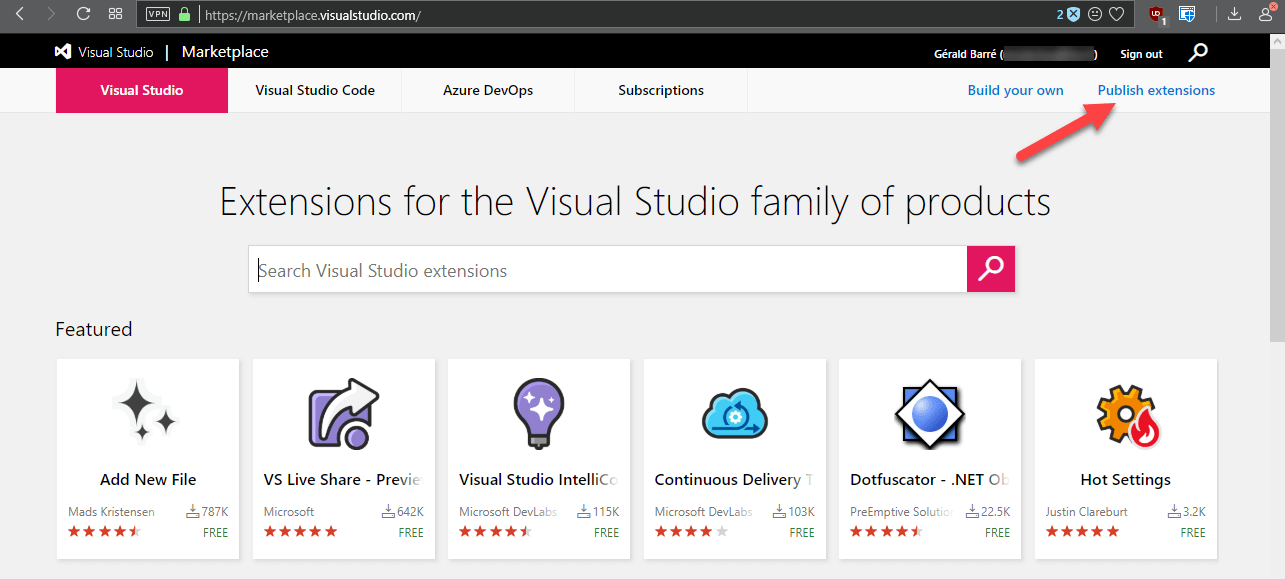 Open the publish Visual Studio extension page