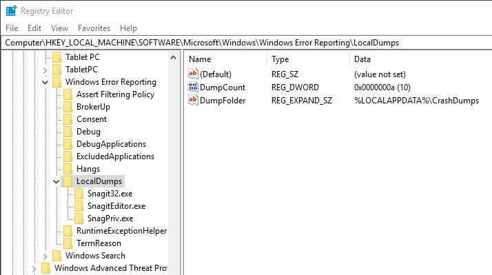 Windows Error Reporting (WER) configuration