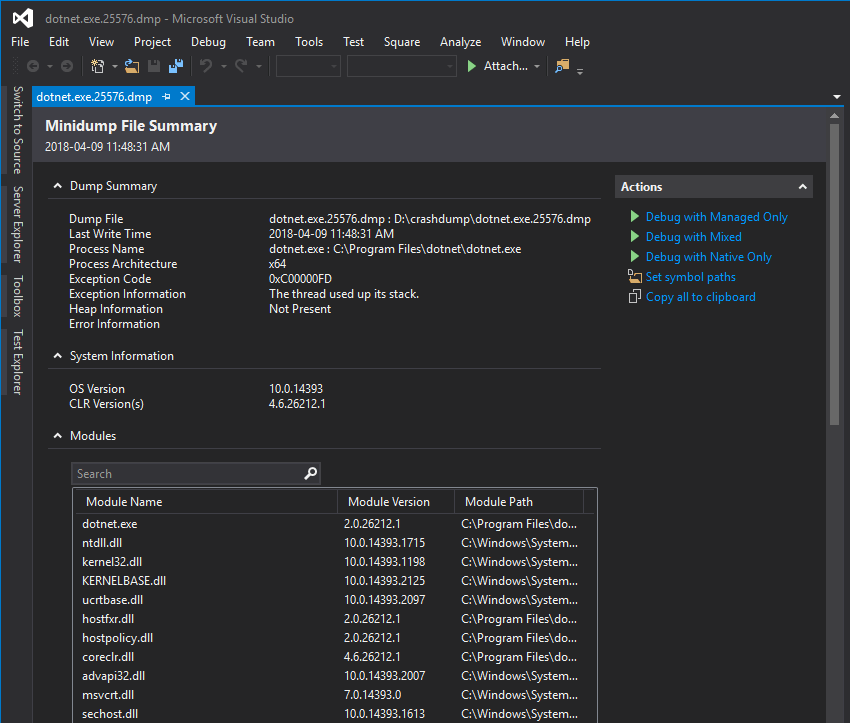 Debug crash dump in Visual Studio