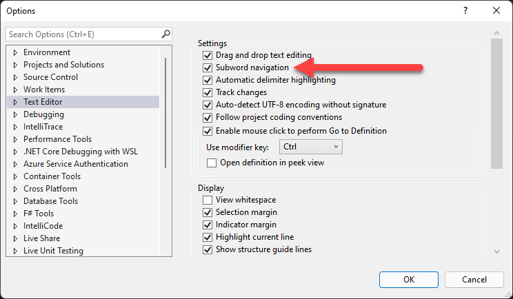 Visual Studio Options - Subword navigation